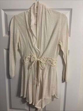 Anthropologie Cream Crochet-Tie Open Front Cardigan